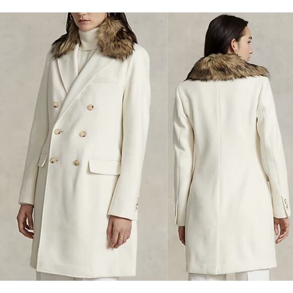 Ralph Lauren Fur Collar Double Breasted Parka Peacoat Long Overcoat 4 S White - Picture 1 of 11